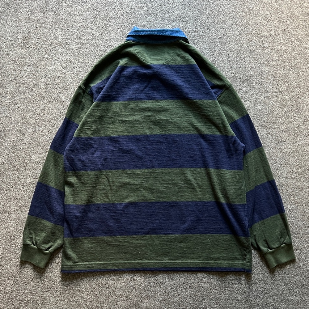 Vintage ‘92 Lands End Rugby Long Sleeve Polo Denim Collar Green Blue Stripe XL - Picture 10 of 16